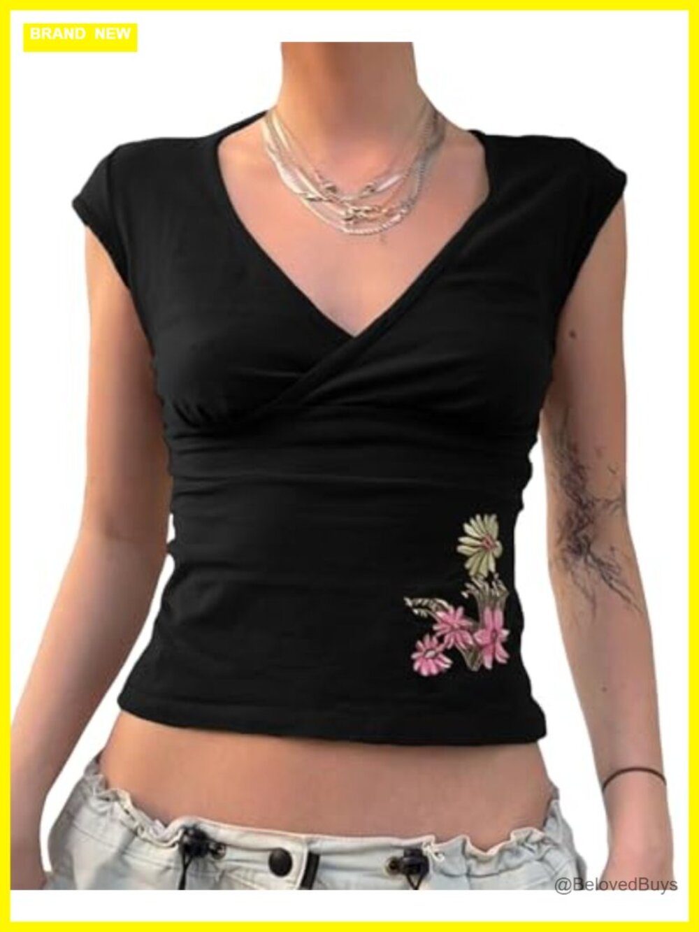 Women Y2K Floral Embroidery Cap Sleeve Wrap V Neck Crop Top Slim Fit